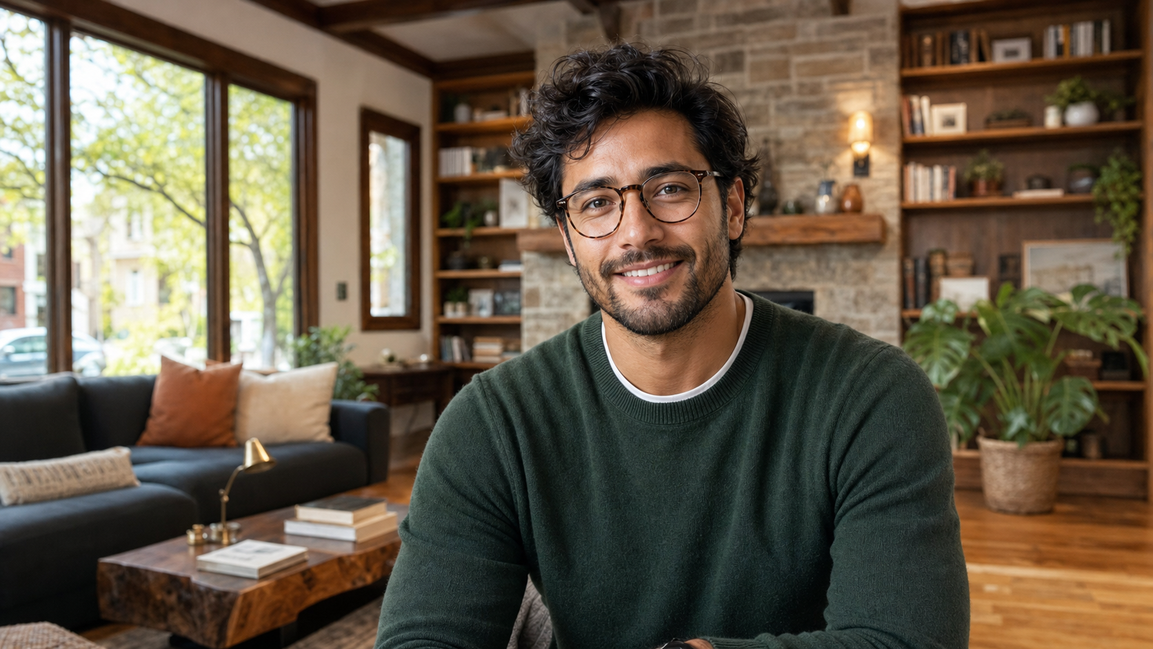 Close-up portrait of Marcus T., a friendly and confident software consultant in his early 30s, smiling warmly with a softly blurred Ravenswood Chicago craftsman home background featuring built-in bookshelves and warm wood details.