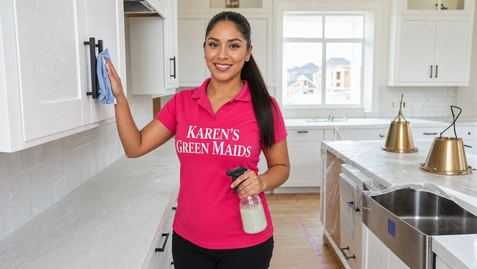 Young Mexican cleaning professional in a hot pink KAREN'S GREEN MAIDS shirt facing the camera while wiping fine drywall dust off newly installed white shaker kitchen cabinets with a microfiber cloth in a freshly renovated residential kitchen.