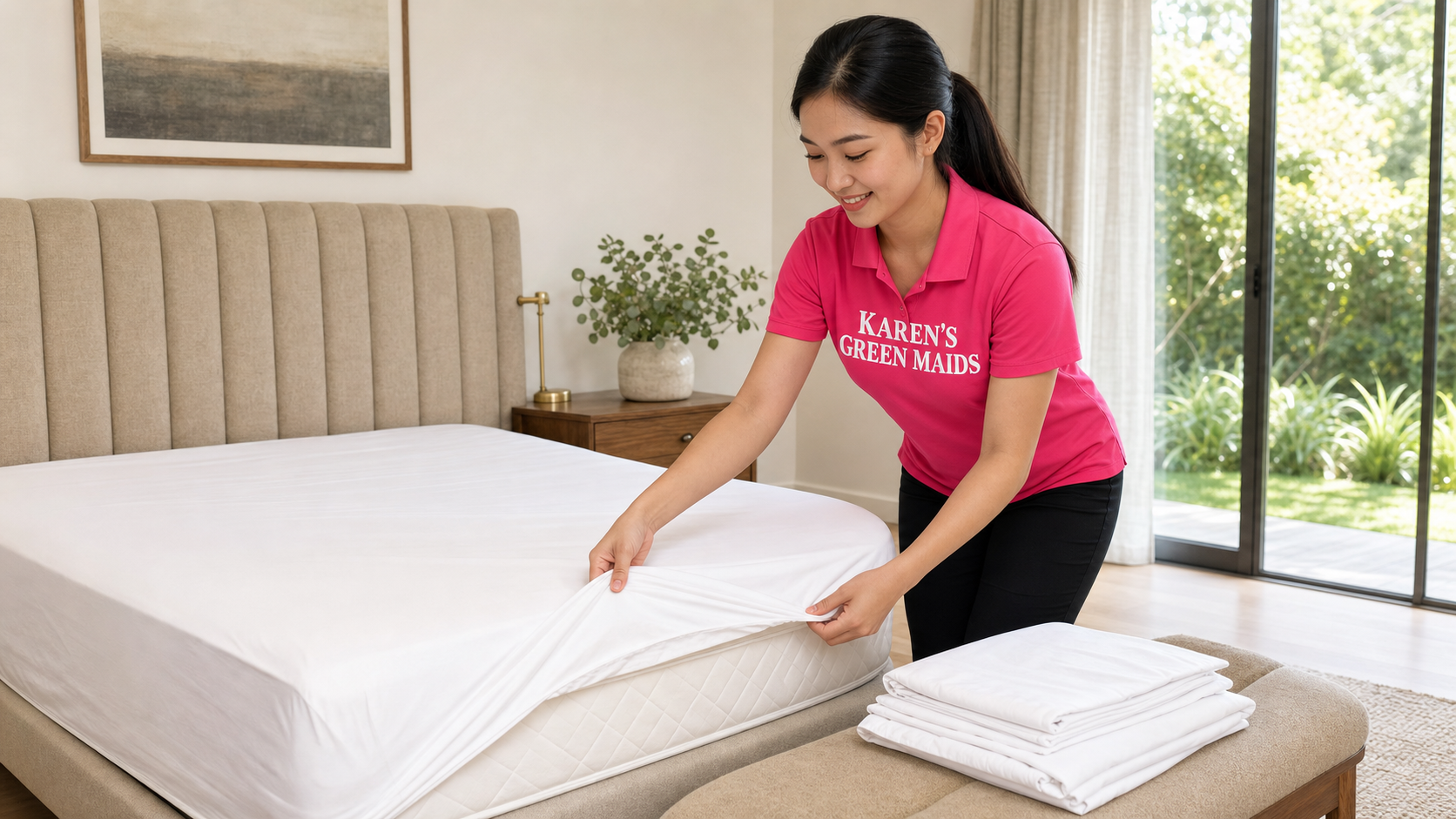 Young Asian cleaning professional in a hot pink KAREN'S GREEN MAIDS shirt gently pulling a crisp fresh white fitted sheet over a mattress corner in a bright residential guest bedroom.