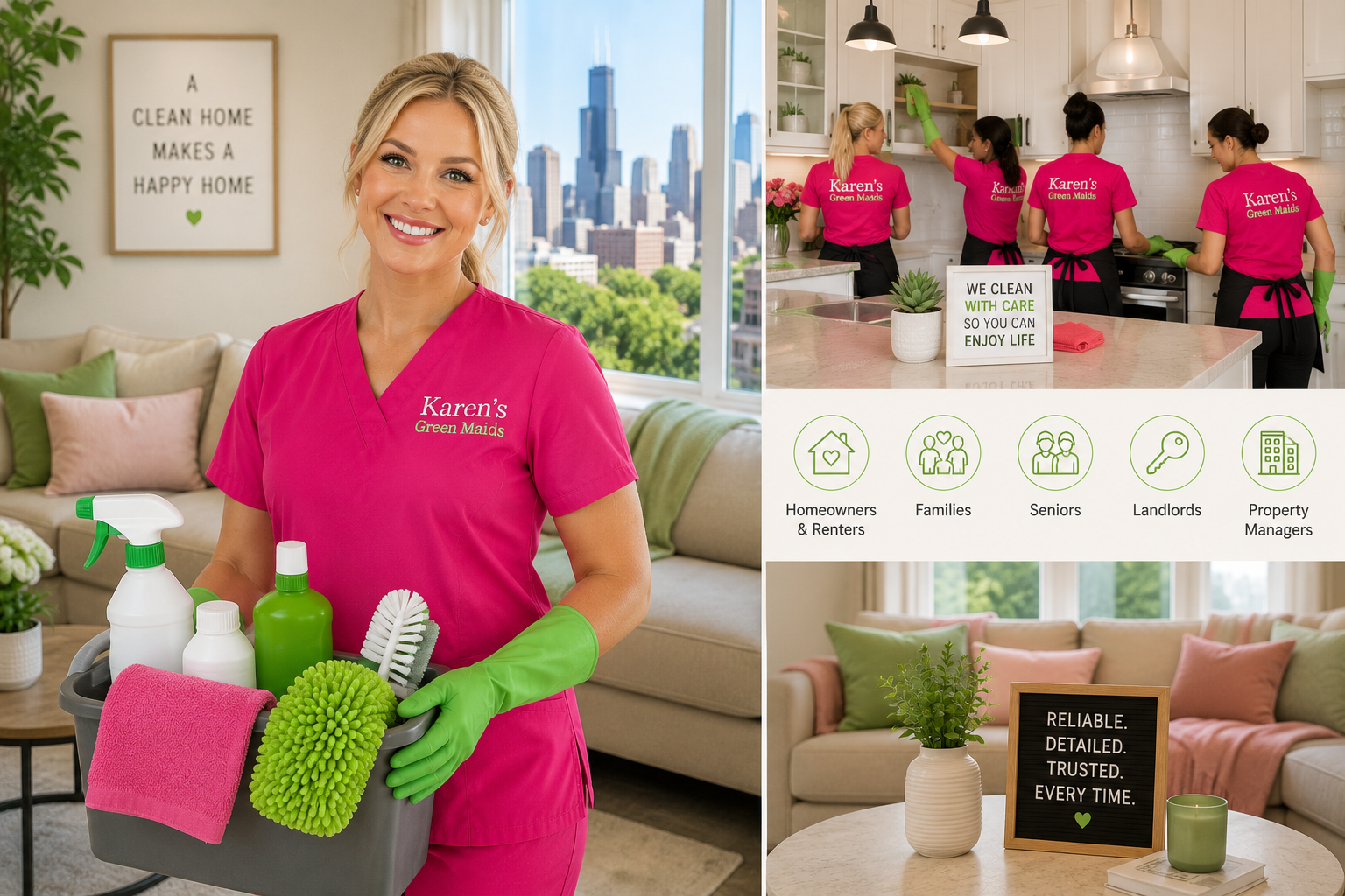 Professional Karen’s Green Maids cleaning team providing reliable residential cleaning services in bright, spotless Chicago homes for homeowners, renters, families, seniors, landlords, and property managers.