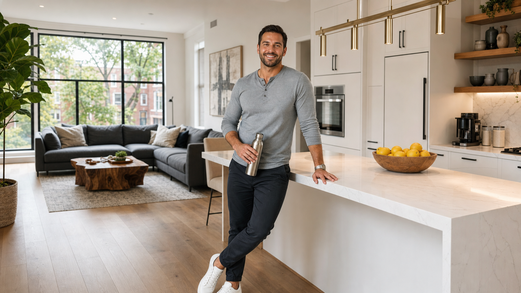 Daniel T., a warm and confident registered nurse in his late 30s, smiling in his tidy Lakeview townhome with a bright modern kitchen and open living area.