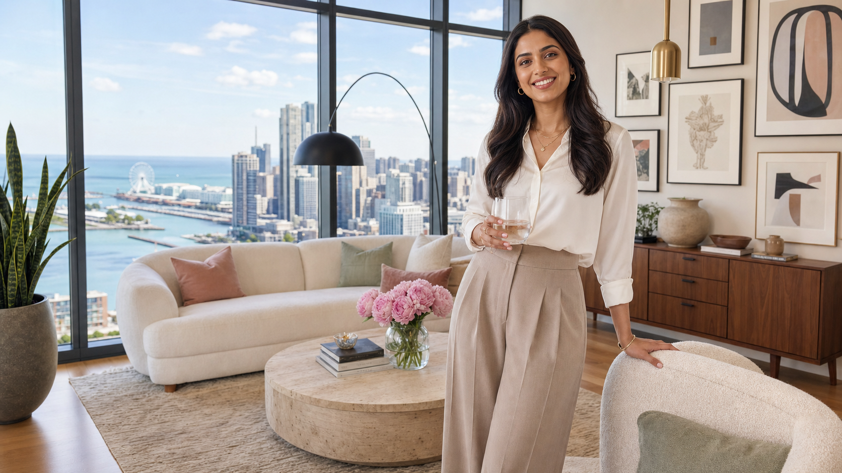 Neha P., a warm and composed physician assistant in her early 30s, smiling in her elegant Streeterville high-rise condo with a bright neutral living room and sweeping Lake Michigan views.