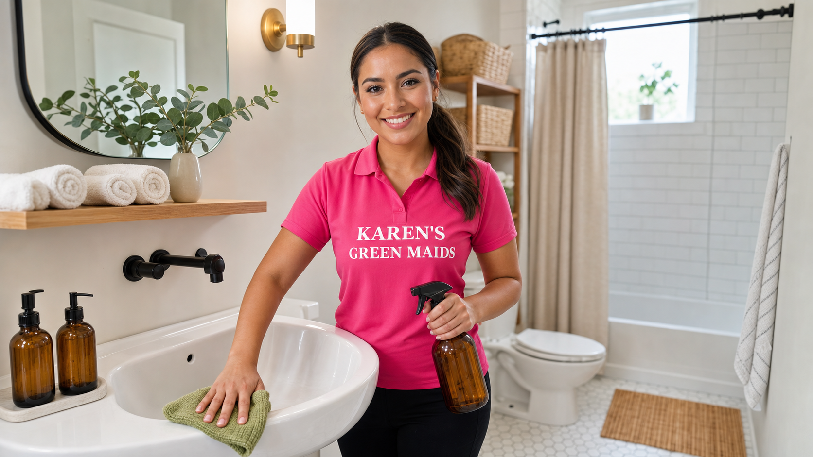 Young Mexican cleaning professional in a hot pink KAREN'S GREEN MAIDS shirt facing the camera while wiping a compact white pedestal sink with a bamboo microfiber cloth in a bright urban apartment bathroom.