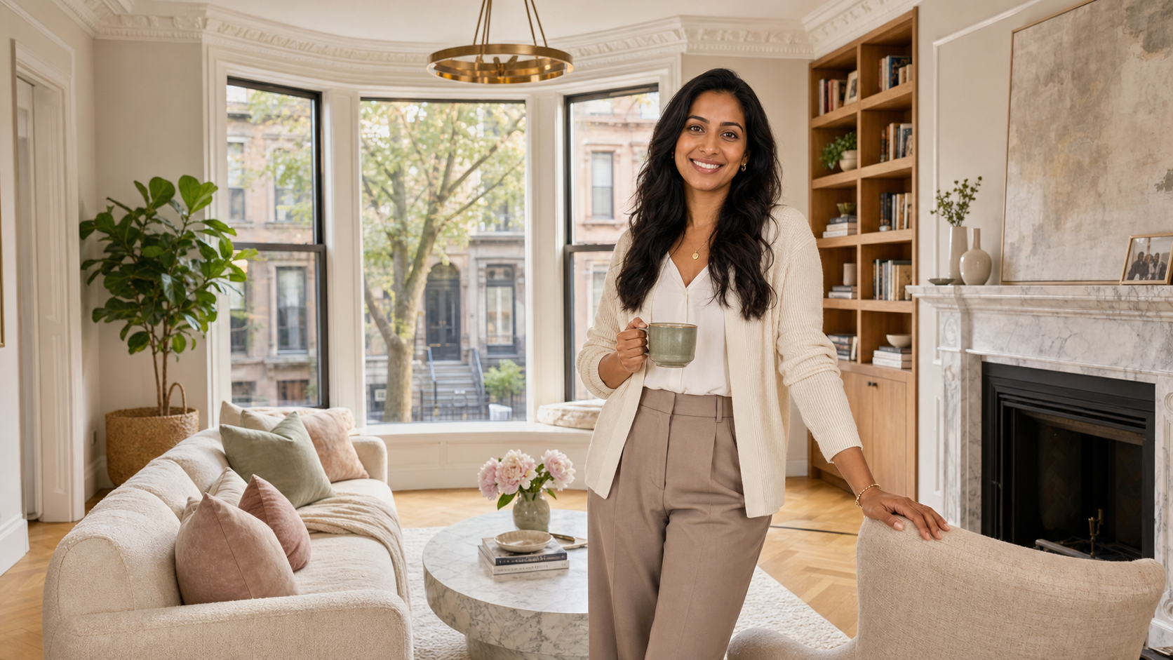 Priya S., a warm and composed registered nurse in her early 30s, smiling in her tidy Hyde Park greystone home with a curated classic-modern living room and tall bay windows.