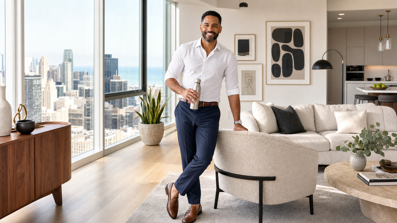 Marcus T., a confident real estate broker in his early 40s, smiling in his sleek South Loop high-rise condo with a modern neutral living room and sweeping Chicago skyline views.