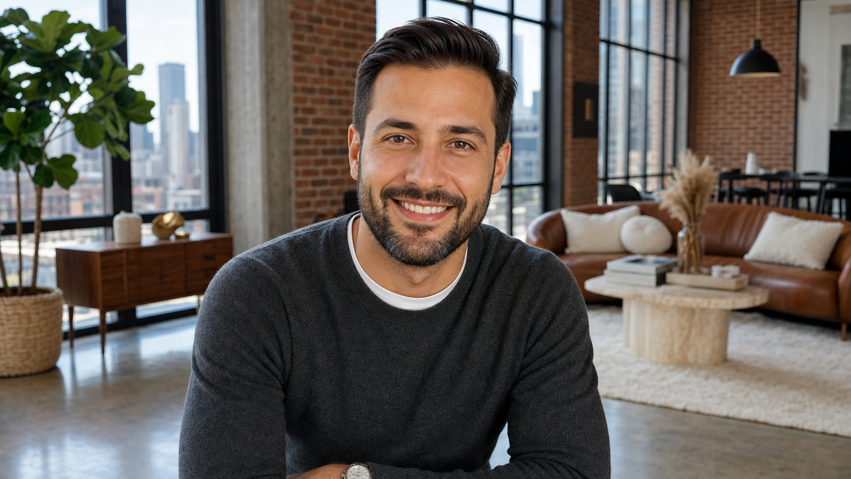 Close-up portrait of Carlo B., a stylish and confident marketing manager in his early 30s, smiling warmly with a softly blurred West Loop loft apartment background featuring exposed brick and industrial windows.