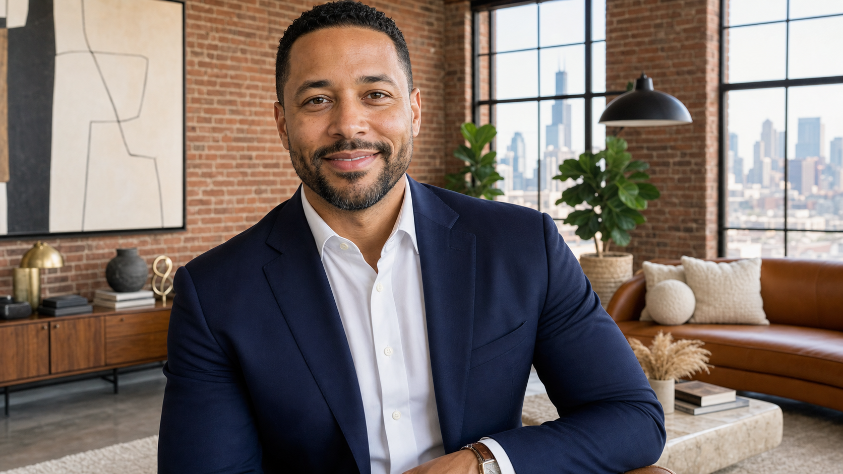 Close-up portrait of Samuel J., a confident and composed real estate investor in his early 40s, smiling warmly with a softly blurred West Loop designer loft background featuring exposed brick and industrial windows.