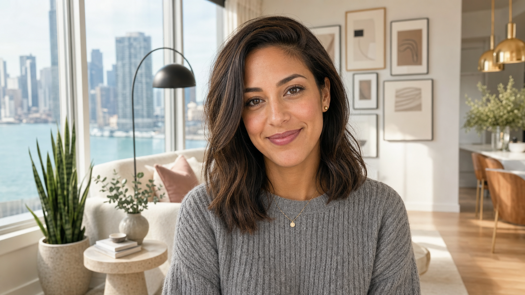 Close-up portrait of Danielle R., a warm and composed registered nurse in her early 30s, smiling gently with a softly blurred Streeterville high-rise apartment background featuring neutral interiors and Lake Michigan views.