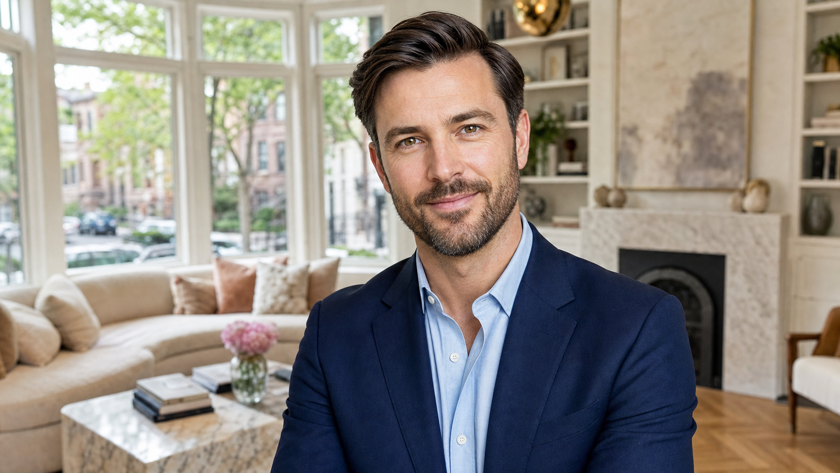 Close-up portrait of Michael P., a confident realtor in his late 30s, smiling warmly with a softly blurred Lincoln Park Chicago living room background featuring a marble fireplace and bay windows.