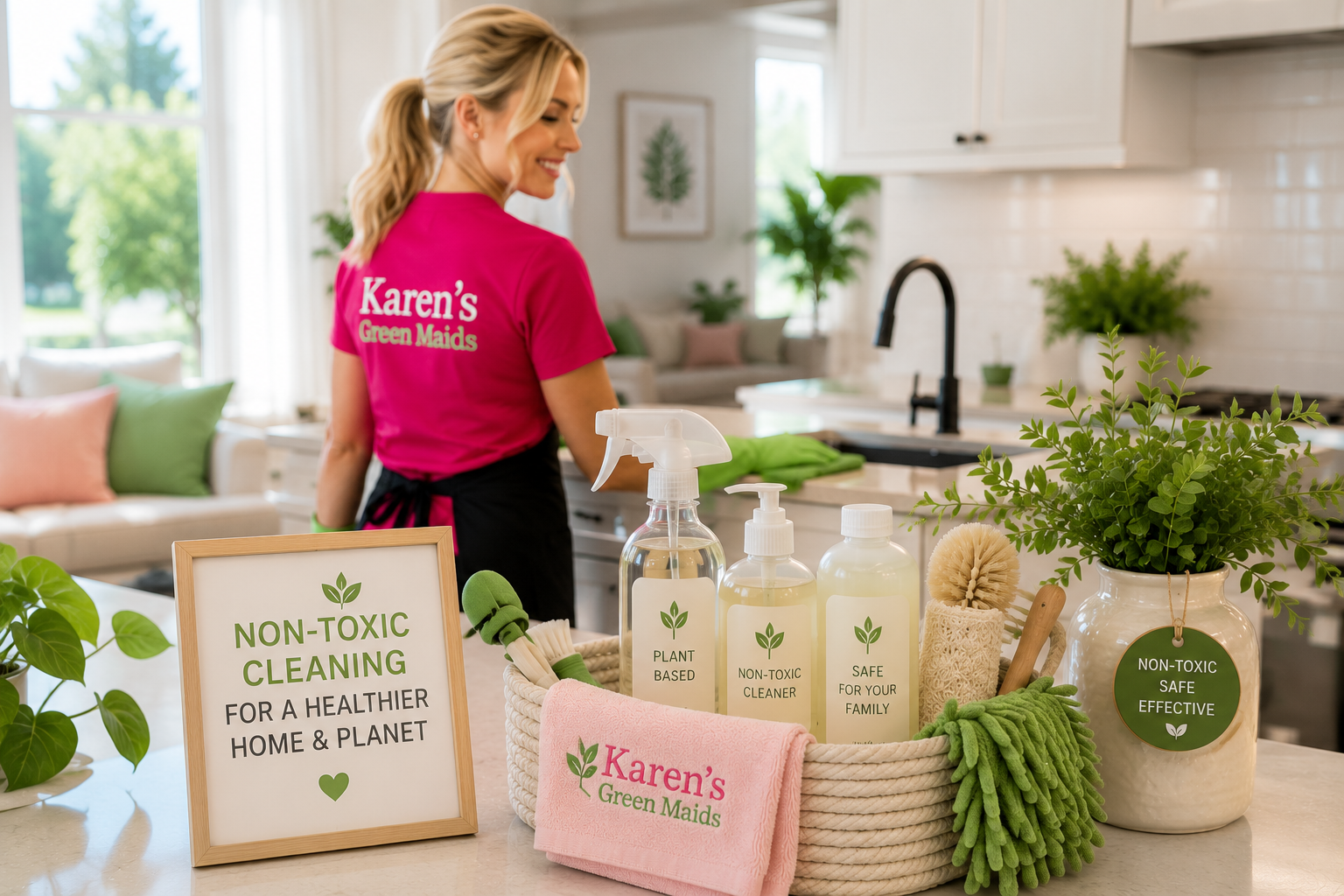 Karen’s Green Maids professional using non-toxic cleaning products in a bright, modern kitchen with eco-friendly cleaning supplies for a healthier, cleaner home in Chicago.