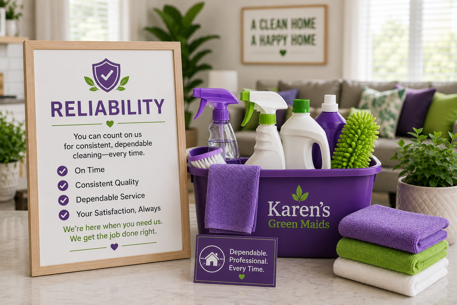 Professional cleaning supplies neatly arranged in a bright, modern home, representing Karen’s Green Maids’ commitment to reliable residential cleaning services, consistent quality, and dependable results for every visit.