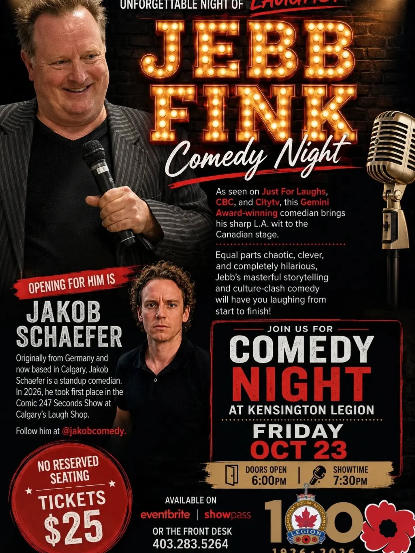 🎤 CALGARY &mdash; GET READY FOR A NIGHT OF BIG LAUGHS! 😂

We&rsquo;re bringing Jebb Fink to the Kensington Legion for Comedy Night on Friday, October 23!

As seen on Just For Laughs, CBC and Citytv, Gemini Award-winning comedian Jebb Fink brings hi