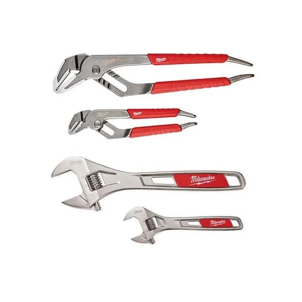 Milwaukee 4 piece hand tool set with 6 inch and 10 inch straight jaw pliers and 6 inch and 10 inch adjustable wrenches on sale at Home Depot for $39.97 today only July 7 2026, 33% off original $59.97 price