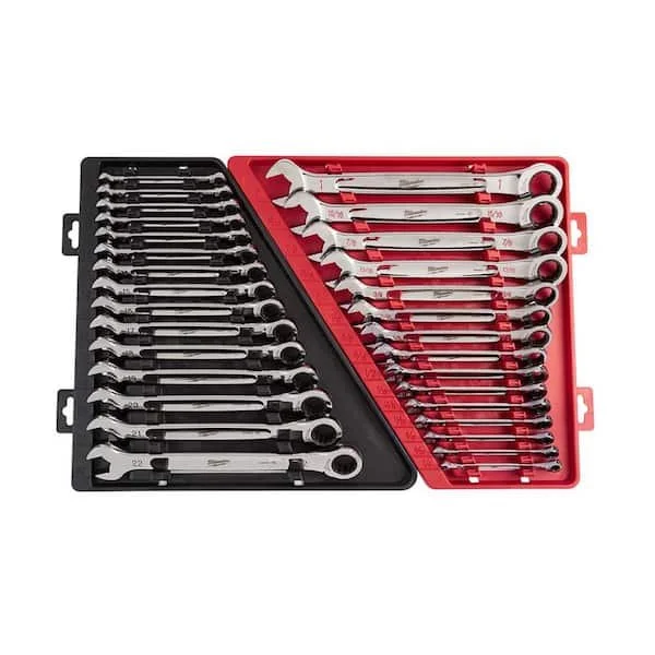 Milwaukee 30 piece SAE and metric combination ratcheting wrench mechanics tool set in storage tray on sale for $349 at The Home Depot, $180 off today only