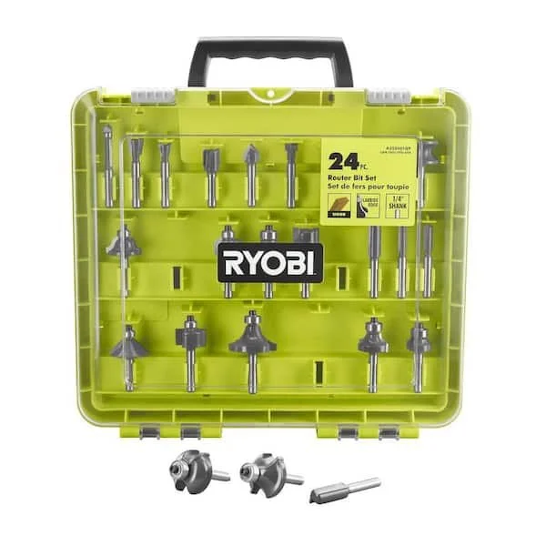 RYOBI 24 piece carbide tipped router bit set with 1/4 in. shank and protective case at The Home Depot