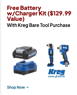 Kreg cordless track saw and pocket hole machinery shown with a free woodworking starter kit.