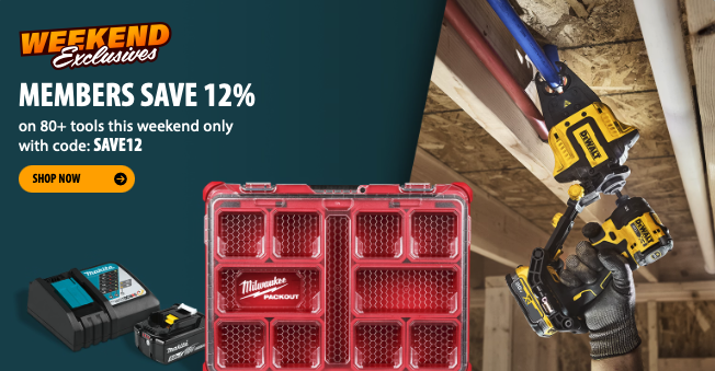 Acme Tools logo with a promotional banner highlighting a 12% discount for registered members using promo code SAVE12 on select online orders.
