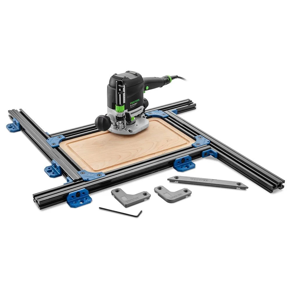 Rockler Cutting Board Juice Groove Routing Jig set up on a wooden cutting board with router, on sale 25% off for $59.99
