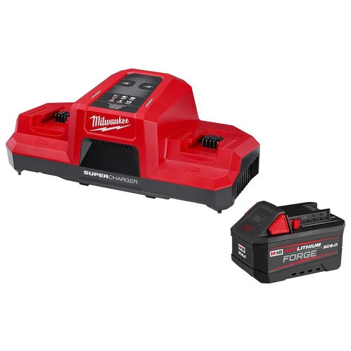 Milwaukee M18 Dual Bay Simultaneous Super Charger with a REDLITHIUM FORGE XC6.0 battery pack featuring a sleek black and red design.