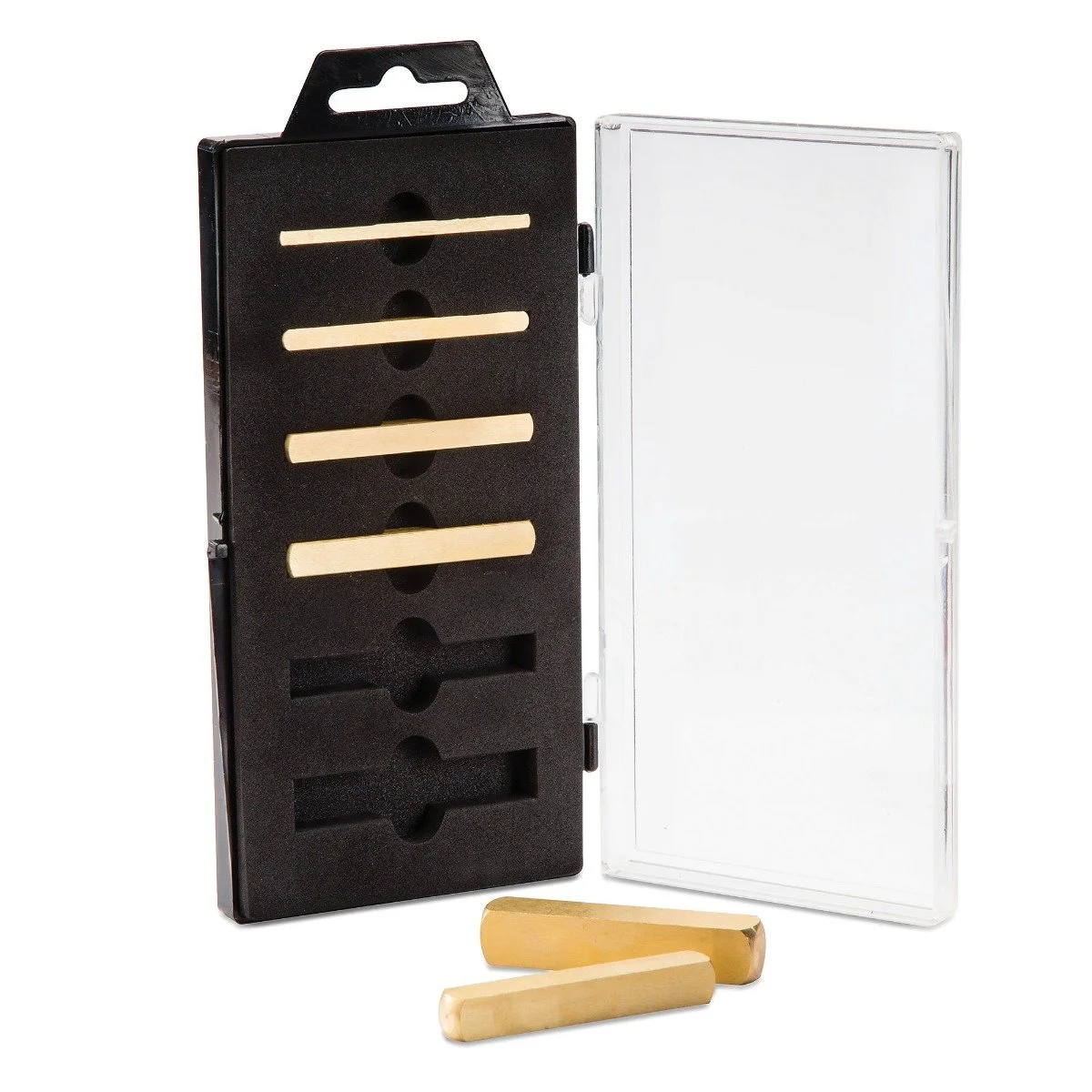 Six precision machined brass setup bars in varying sizes stored in a protective black plastic case for woodworking measurements.