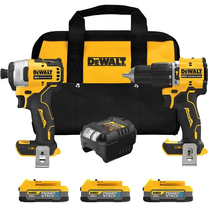 DeWalt Atomic 20V Max brushless hammer drill and impact driver kit with three Powerstack batteries and charger.