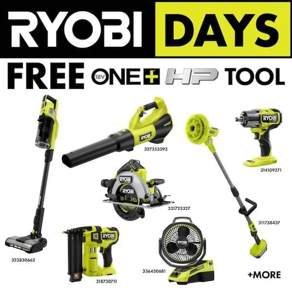 RYOBI ONE+ 18V Lithium Ion HIGH PERFORMANCE Starter Kit on sale at The Home Depot for $199, marked down from $361.97 for 45% off, including one 2.0 Ah battery, two 4.0 Ah batteries, charger, and a free bare tool offer.