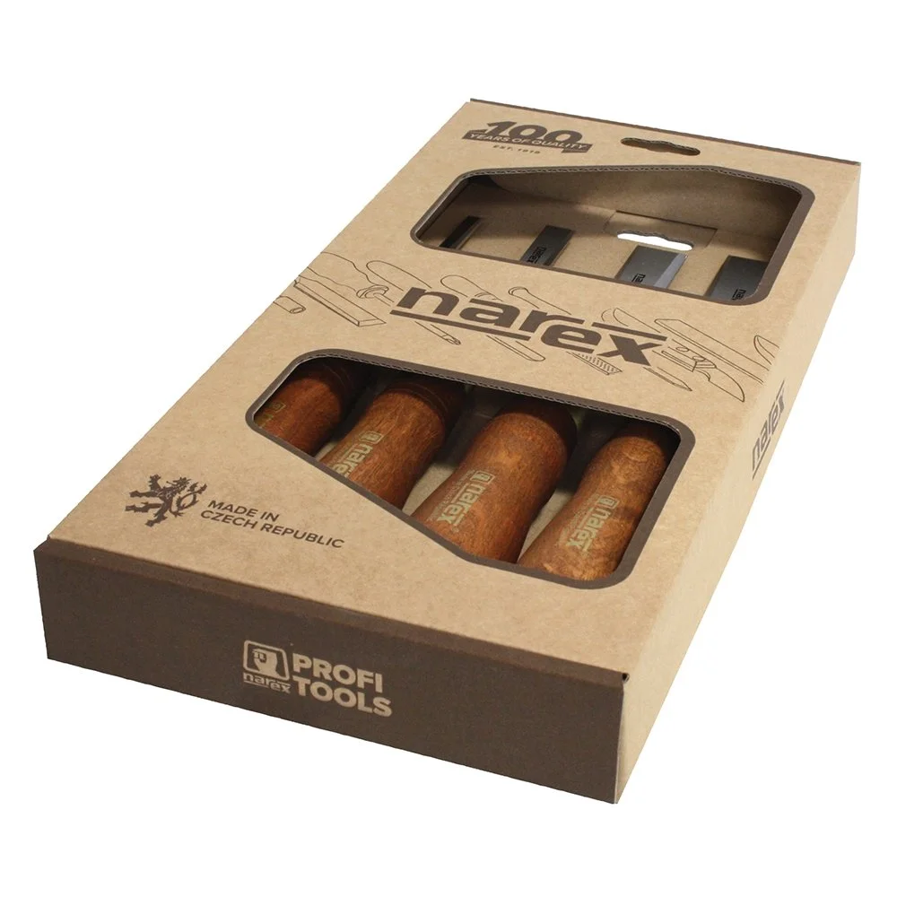 Narex Premium Bevel Edge Chisel Set with four hornbeam handle chisels in 6mm, 12mm, 20mm, and 26mm sizes on sale for $48.74