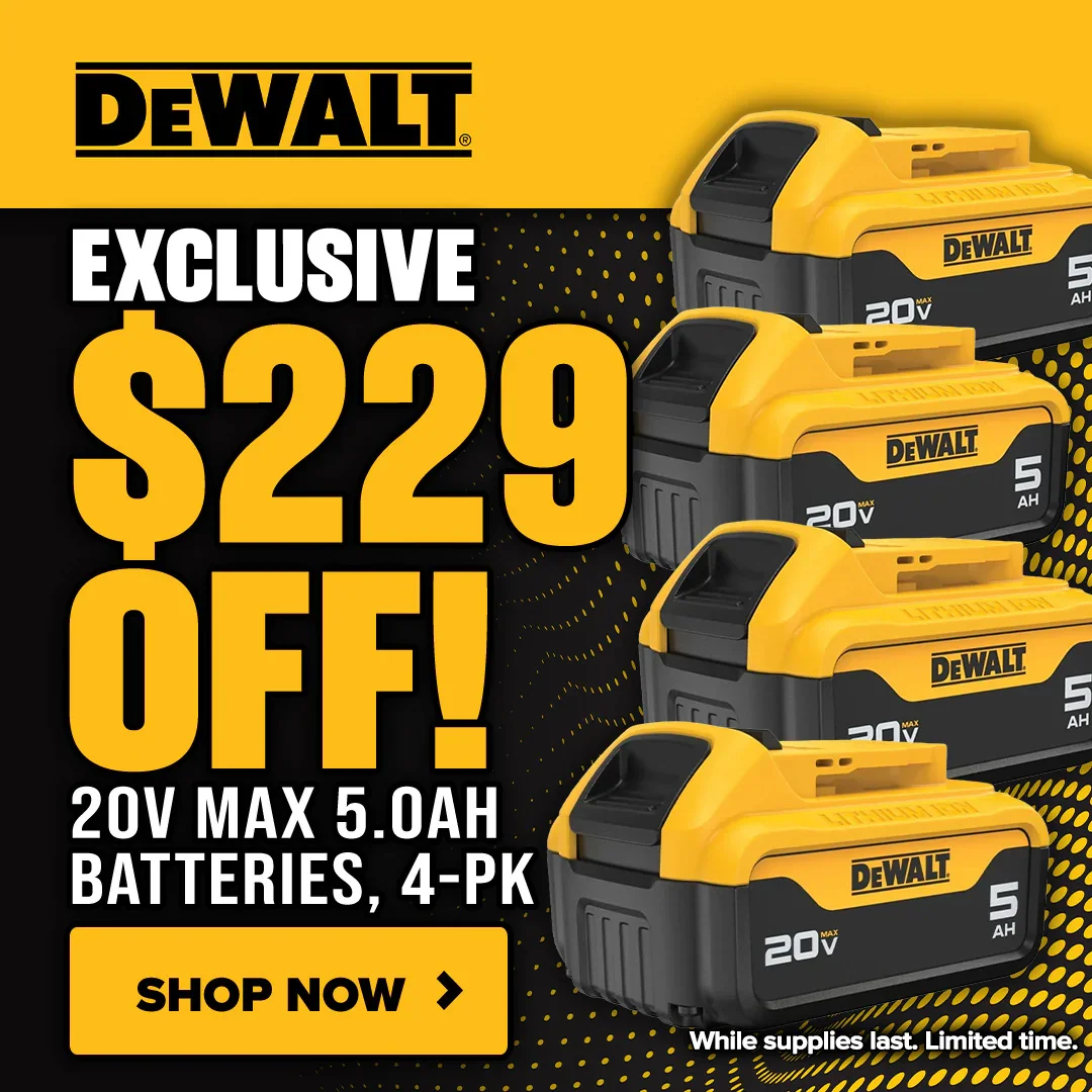 DeWalt DCB205 20V MAX 5.0Ah Lithium Ion battery 4 pack deal at The Tool Nut for $269