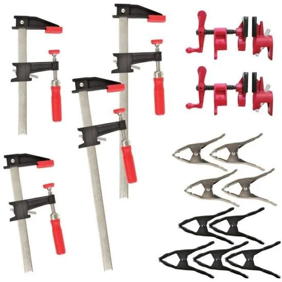 Bessey General Purpose 15 piece clamp kit with bar clamps, pipe clamp fixtures, and spring clamps on sale for $75