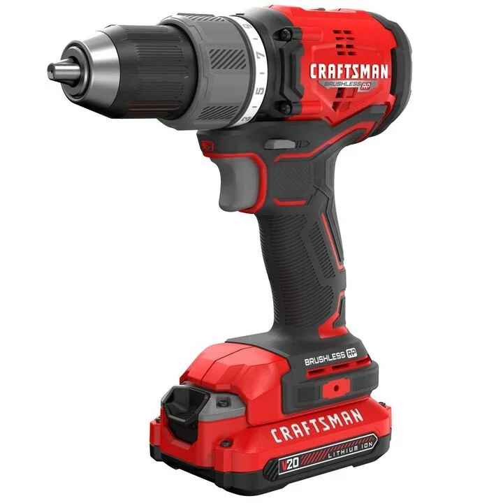 Craftsman V20 cordless drill kit shown with two free optional bare tools and lithium ion batteries.