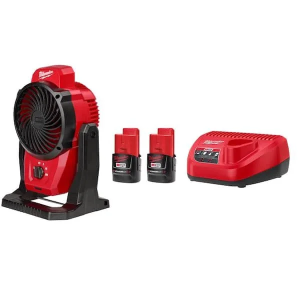 Milwaukee M12 12V cordless jobsite fan starter kit with two 2.0Ah batteries and charger on sale for $119