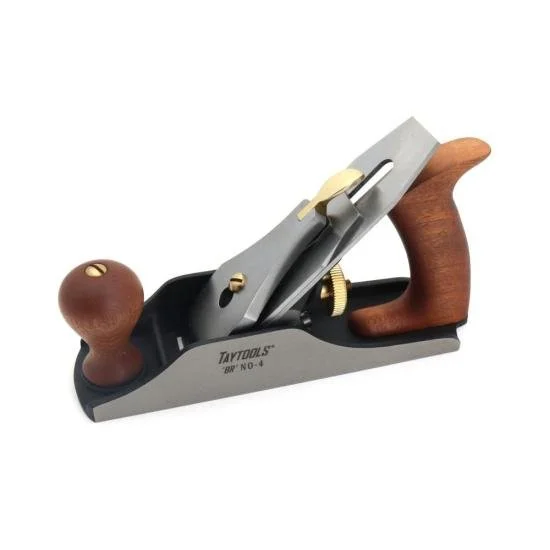 Taytools Number 4 Premium Bedrock Style Flattop Smoothing Plane with Sapele wood handles and ductile iron body on a wood workbench showing 25% off deal.