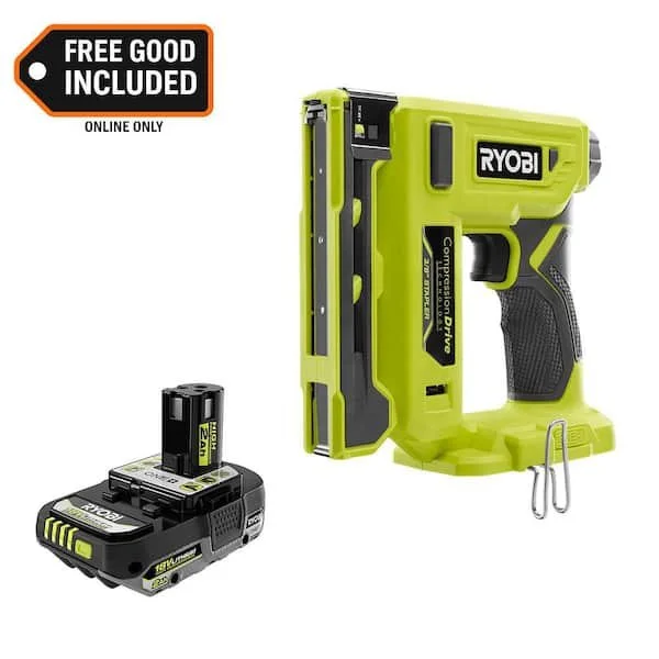 RYOBI ONE+ 18V compression drive cordless 3/8 in. crown stapler kit with a 2.0 Ah HIGH PERFORMANCE lithium ion battery, belt clip, and dual screen and wire attachment