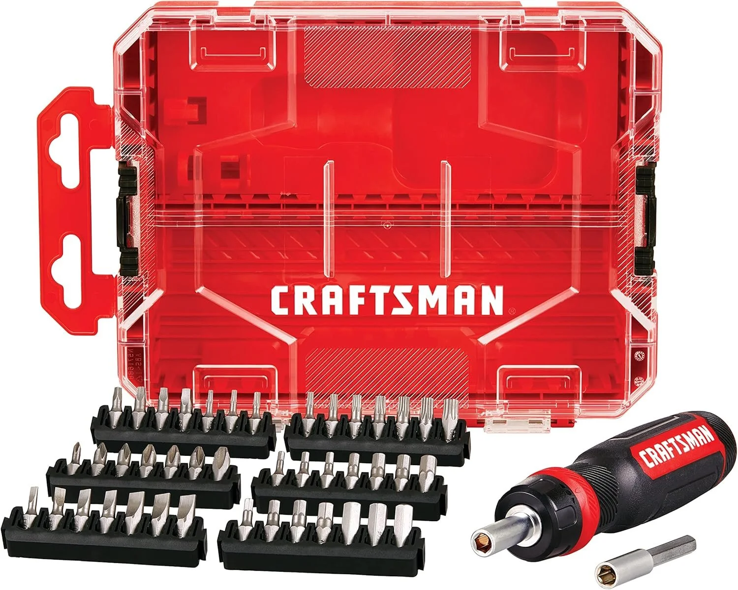 Red and black CRAFTSMAN ratcheting screwdriver with a 44 piece bit set organized in a clear lid VERSASTACK compatible storage case.