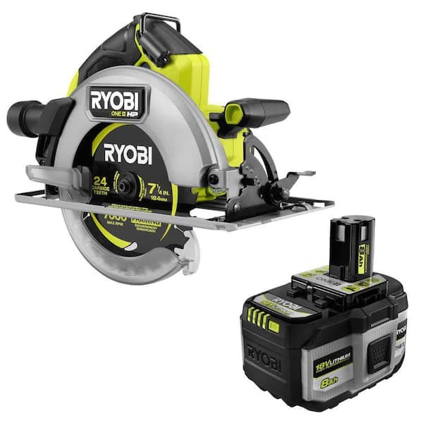 RYOBI ONE+ 18V HP Brushless Rotary Hammer and 8 Ah HIGH PERFORMANCE Battery kit on display.