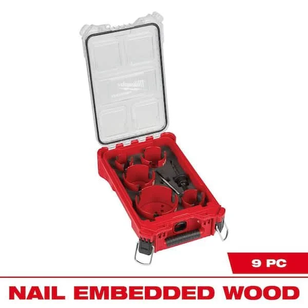 Milwaukee BIG HAWG carbide hole saw kit with 9 pieces including four hole saws, arbor, pilot bits, and Compact PACKOUT case