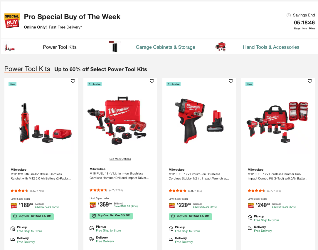Home Depot Pro Special Buy of the Week with Milwaukee, DEWALT, RYOBI, and RIDGID power tool kits up to 60% off