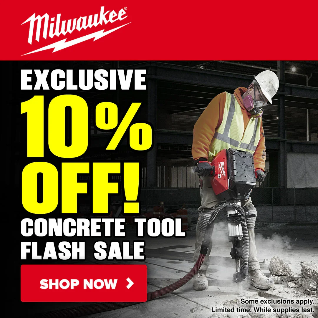 Milwaukee cordless concrete tools and accessories on sale for 10% off at Tool Nut for a limited time flash deal.