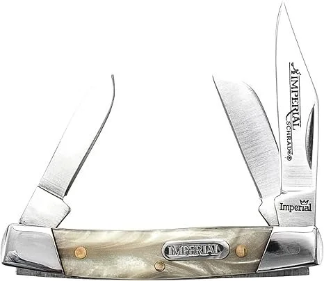 Schrade Imperial IMP14 Small Stockman folding pocket knife with a white Cracked Ice handle and three stainless steel blades shown on sale for $7.99.