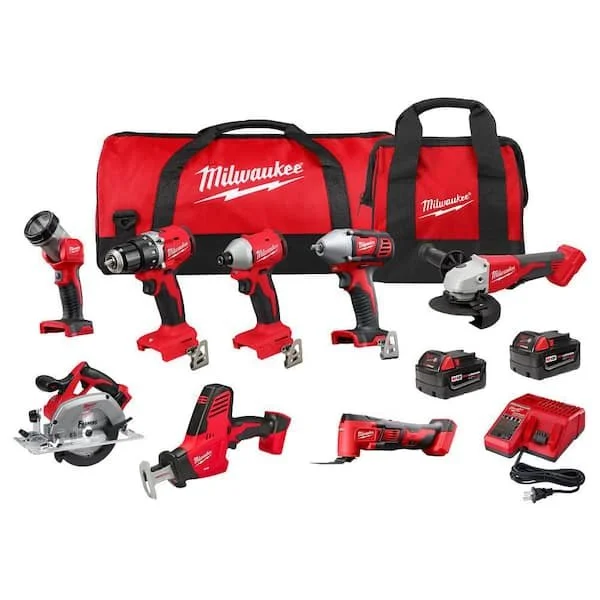 Milwaukee M18 18 Volt Lithium Ion Cordless Combo Kit with 8 tools, 2 XC 4.0 batteries, charger, and contractor bags on sale for $649 at Home Depot