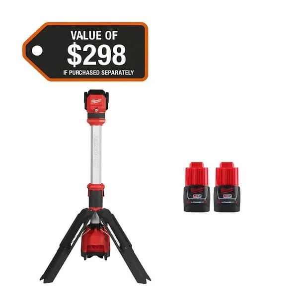 Milwaukee M12 Rocket LED Stand Work Light deployed with its reinforced legs and adjustable light head.