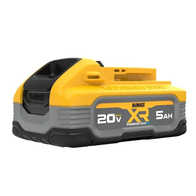 DEWALT 20V MAX XR POWERSTACK 5Ah lithium ion battery DCBP520 on sale for $129 showing the durable overmolded base and LED fuel gauge.