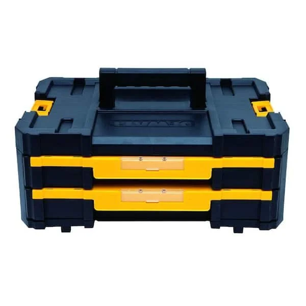 DEWALT TSTAK IV stackable double drawer small parts organizer with 18 compartments and yellow latches.