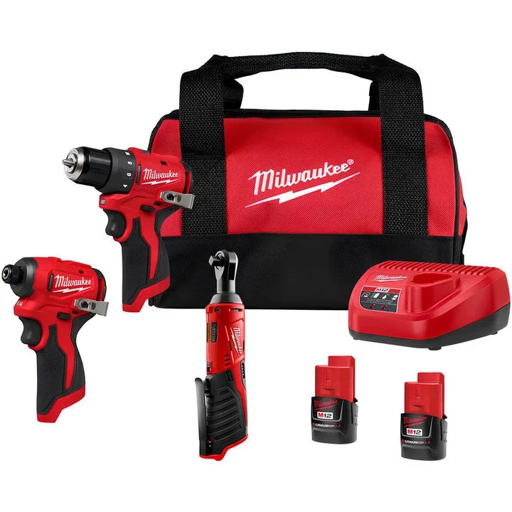 Milwaukee M12 3 tool combo kit with subcompact drill, impact, and ratchet