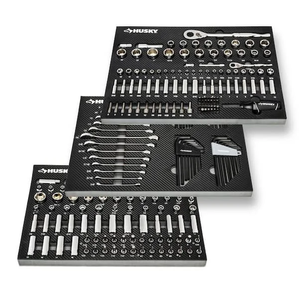 Husky two hundred forty four piece mechanics tool set with one quarter three eighths and one half inch drive ratchets in premium organized EVA foam trays on sale for one hundred forty nine dollars