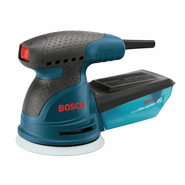 Bosch 120 Volt 2.5 Amp Variable Speed Random Orbital Sander with Dust Management showing the dust canister and ergonomic grip.