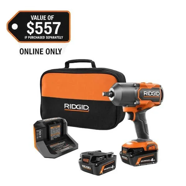 RIDGID 18V Brushless 1/2 inch High Torque Impact Wrench Kit with two 4.0 Ah batteries and charger on white background.