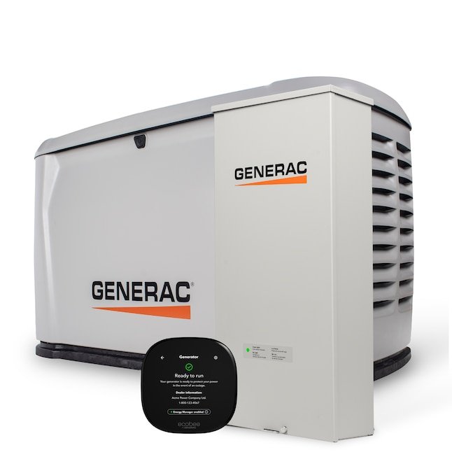 Generac Next Generation 28000 Watt Dual Fuel Home Standby Generator on display showing the automatic transfer switch and sleek protective enclosure