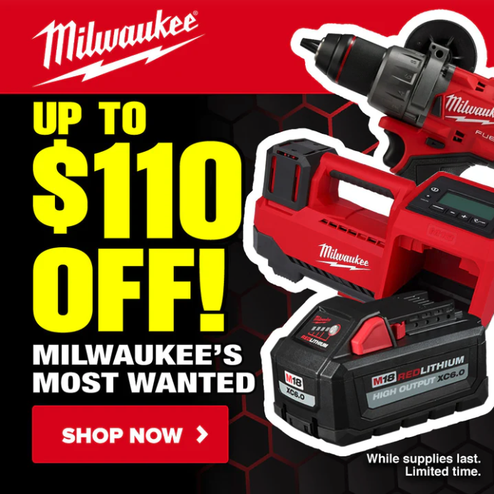 A collection of Milwaukee M18 power tools including a brushless blower, wet dry vacuum, and dual battery packs on a white background with red sale pricing tags.