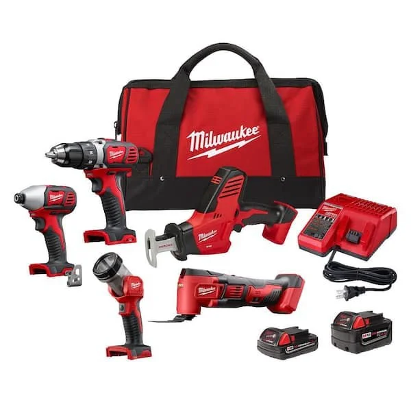 Milwaukee M18 18 volt lithium ion cordless 5 tool combo kit with two batteries, charger, and contractor tool bag on sale at Home Depot for $299